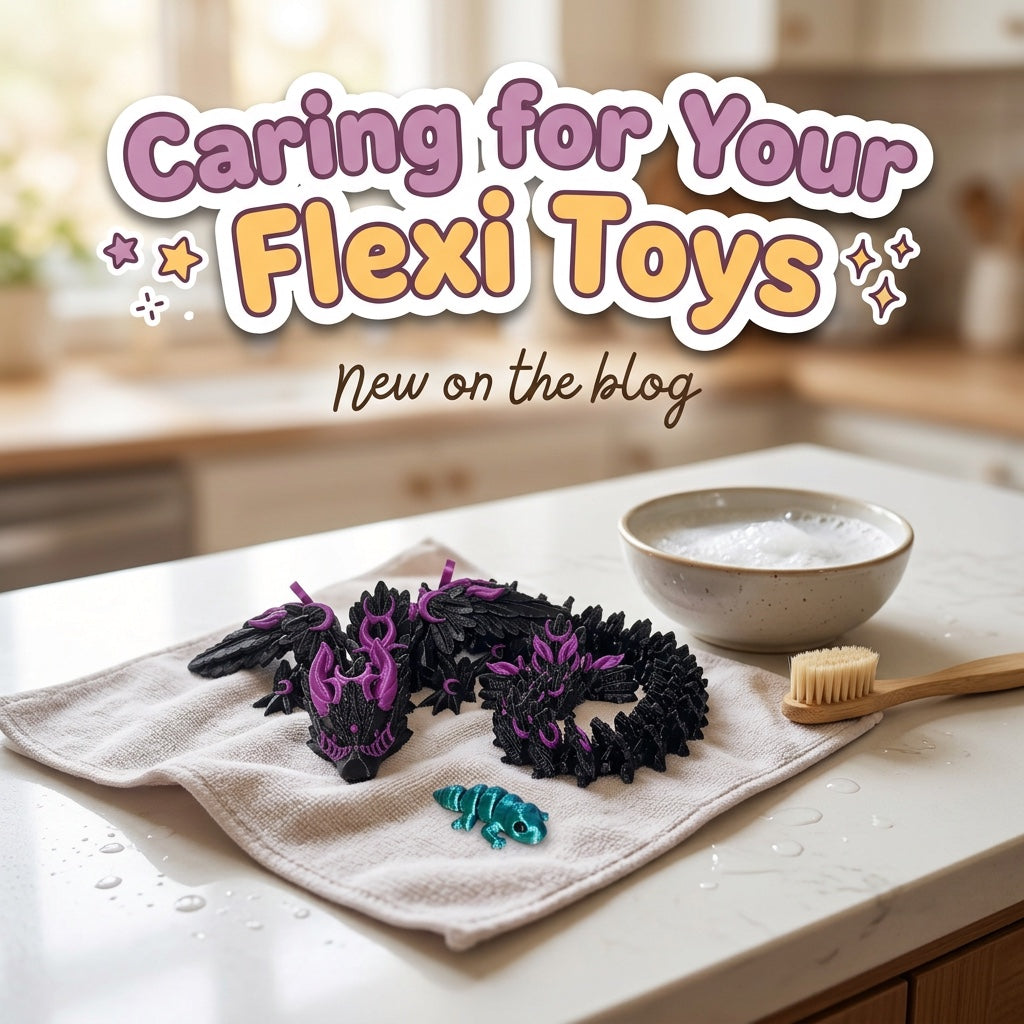 Caring for Your Flexi Toys: blog cover from Cosmic 3D Creations with 3D printed flexi toys