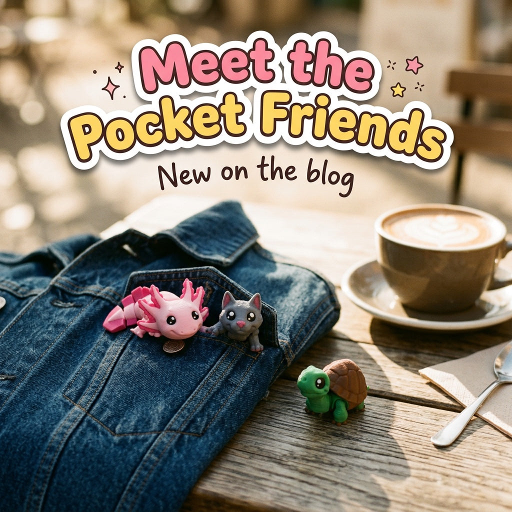 Meet the Pocket Friends: blog cover from Cosmic 3D Creations with 3D printed flexi toys