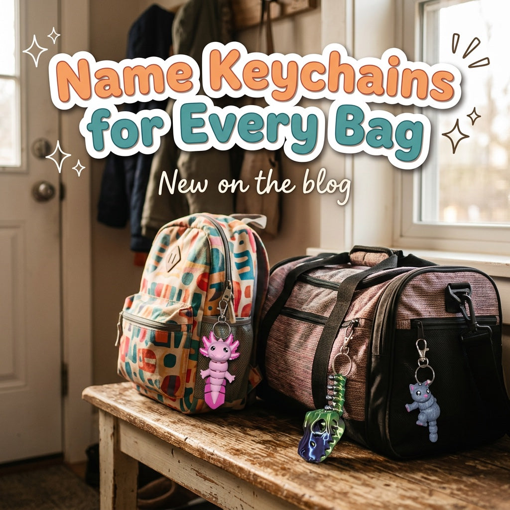 Name Keychains for Every Bag: blog cover from Cosmic 3D Creations with 3D printed flexi toys