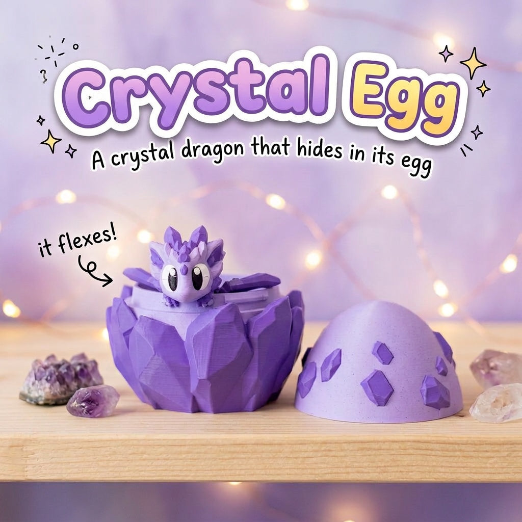 Crystal Egg 3D printed articulated crystal dragon sitting in its open egg, on a shelf with crystals