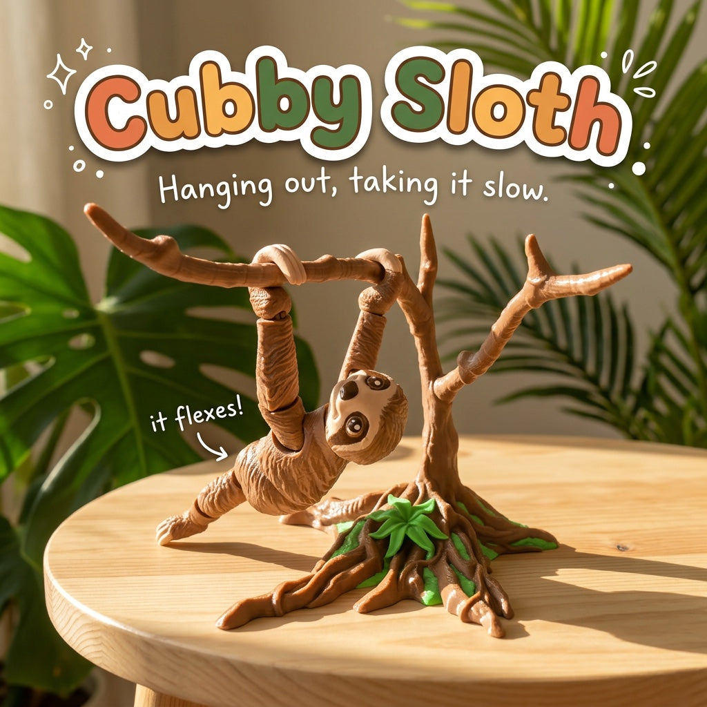 Cubby Sloth 3D printed articulated flexi toy by Cosmic 3D Creations, on a sunlit table with tropical leaves
