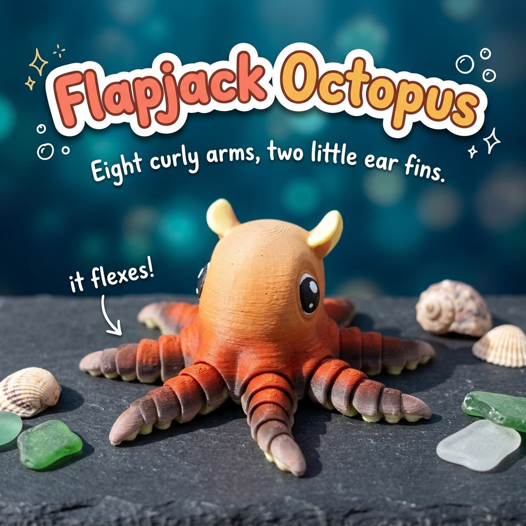 Flapjack Octopus 3D printed articulated flexi toy by Cosmic 3D Creations, on slate with shells and sea glass
