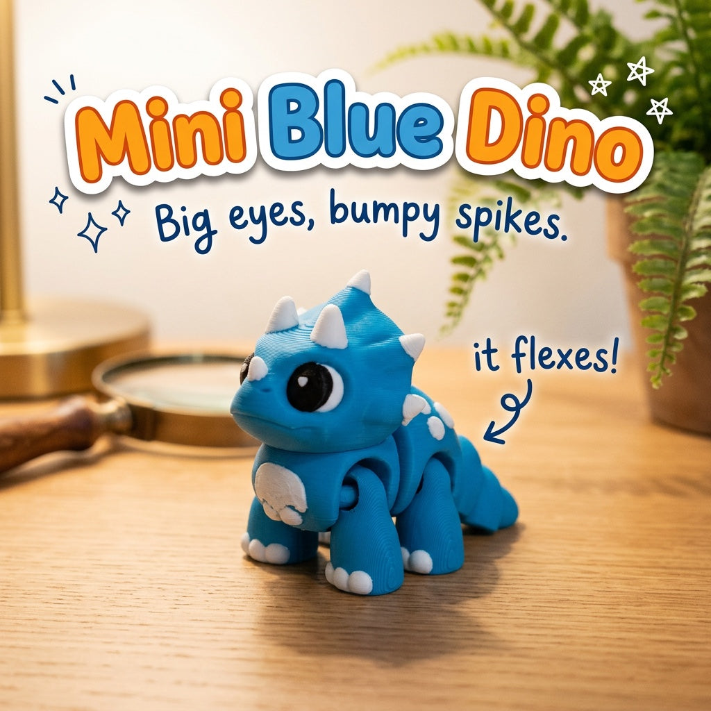 Mini Blue Dino 3D printed articulated flexi toy by Cosmic 3D Creations, on a wooden desk with a fern