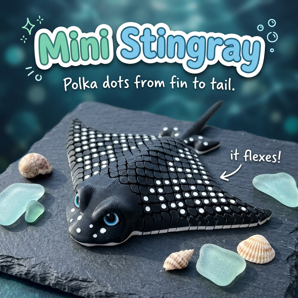 Mini Stingray 3D printed articulated flexi toy by Cosmic 3D Creations, on slate with shells and sea glass