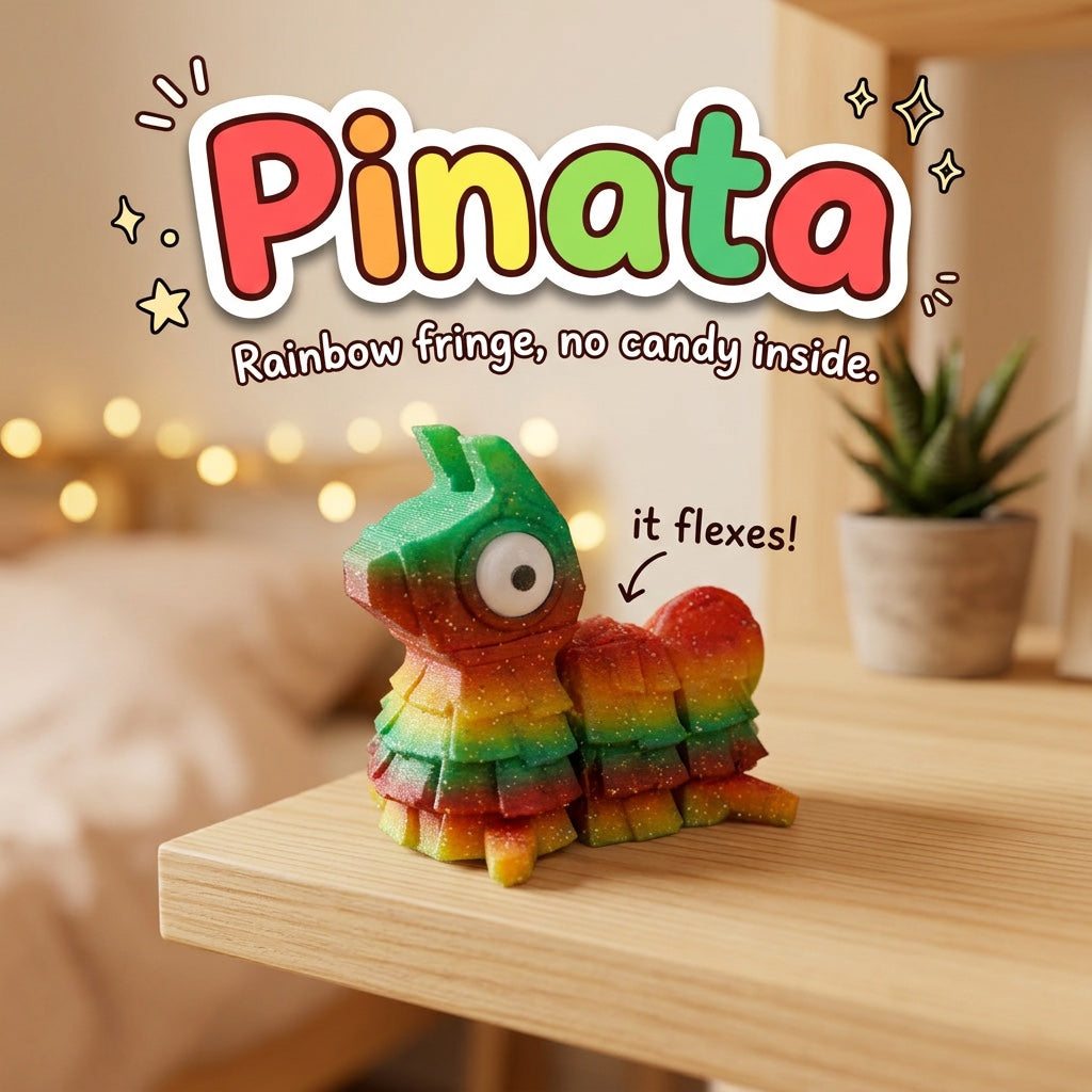 Pinata 3D printed articulated flexi toy by Cosmic 3D Creations, on a cozy shelf with fairy lights