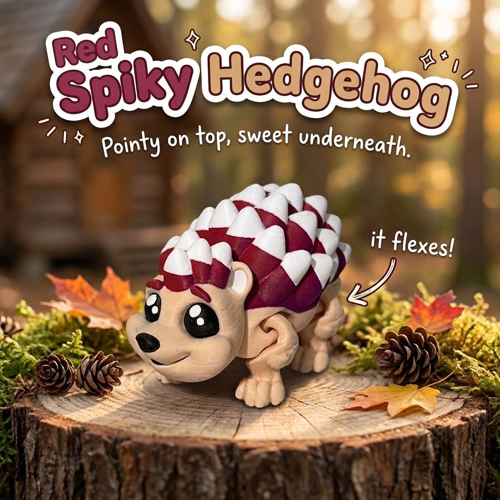 Red Spiky Hedgehog 3D printed articulated flexi toy by Cosmic 3D Creations, on a tree stump with moss and pine cones