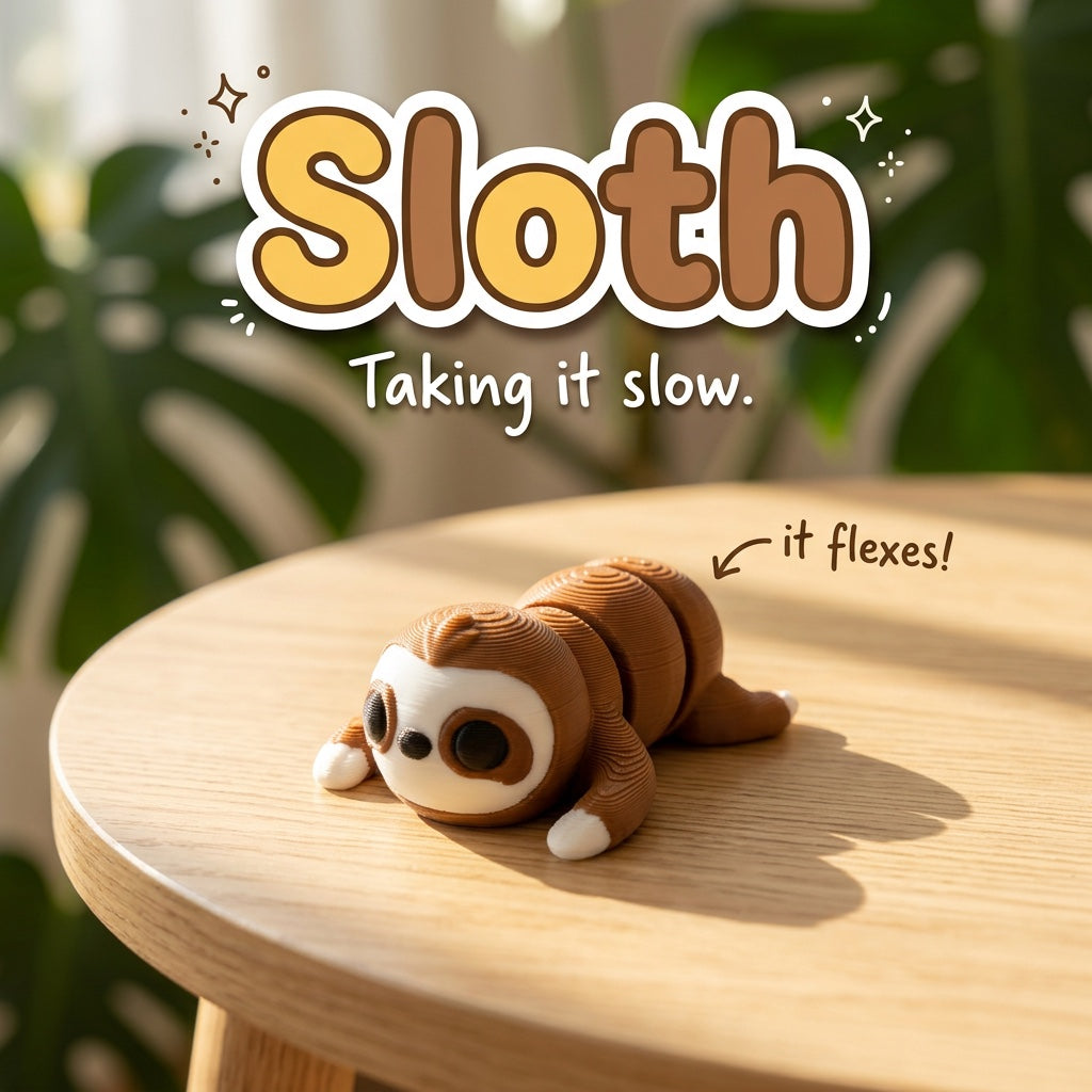 Sloth 3D printed articulated flexi toy by Cosmic 3D Creations, on a sunlit table with tropical leaves