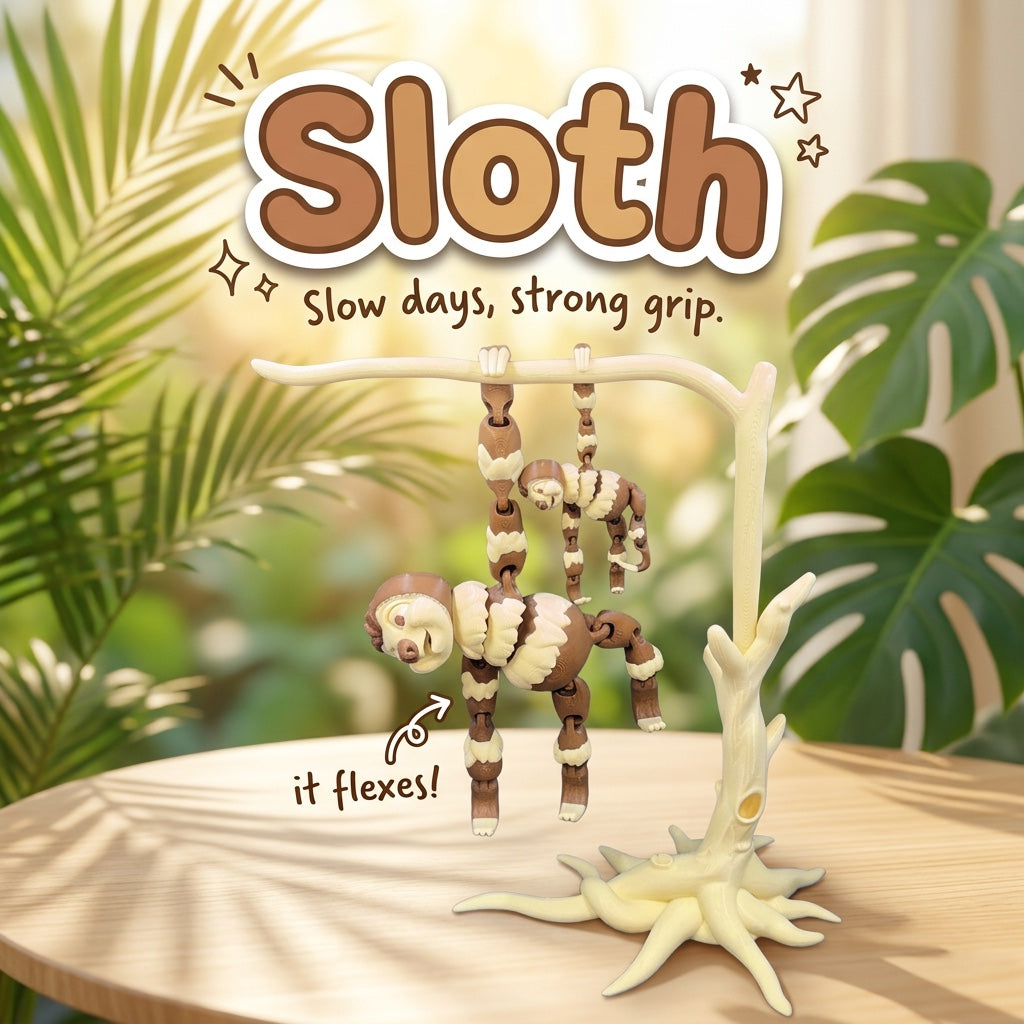 Sloth 3D printed articulated flexi toy by Cosmic 3D Creations, on a sunlit table with tropical leaves
