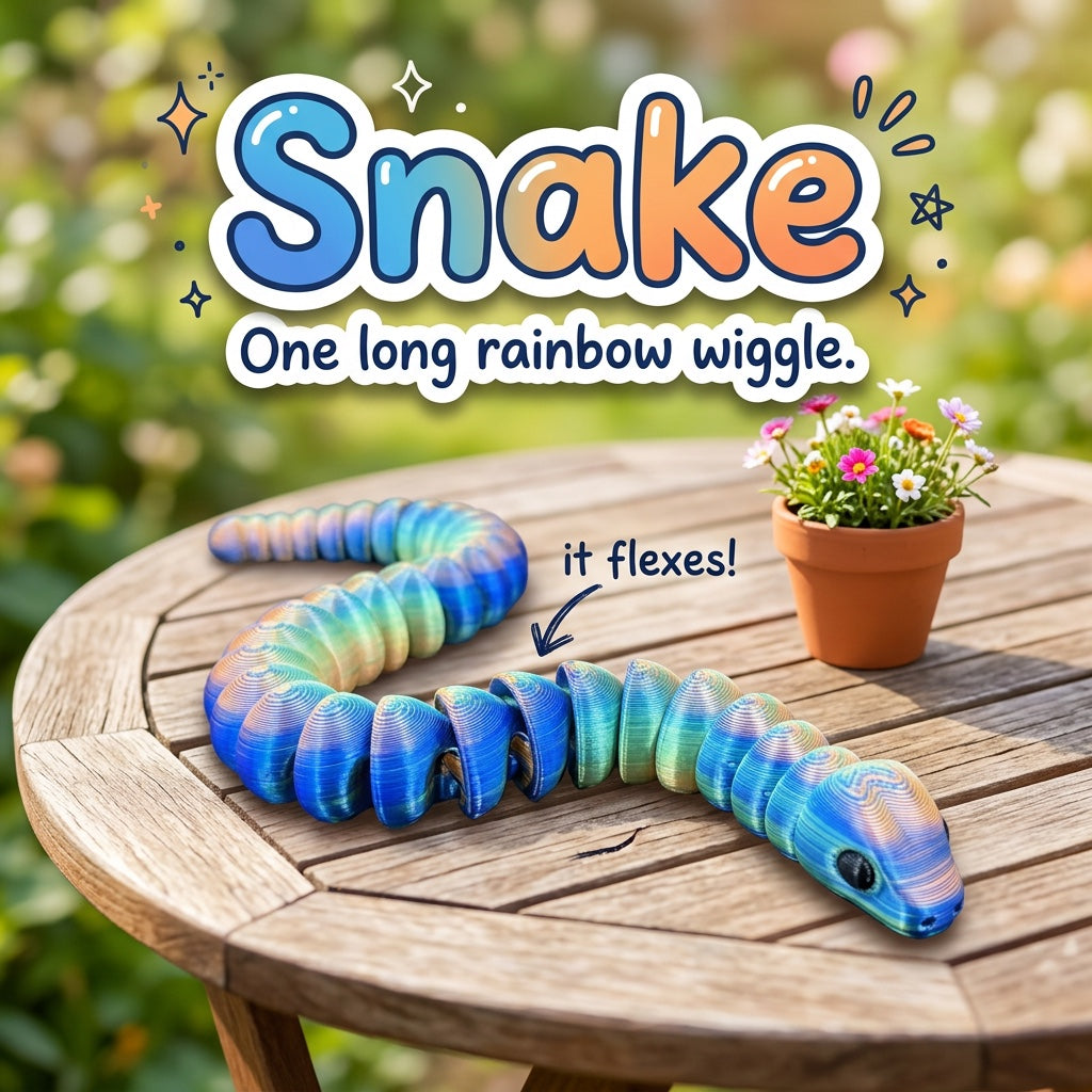 Snake 3D printed articulated flexi toy by Cosmic 3D Creations, on a sunny garden table with flowers