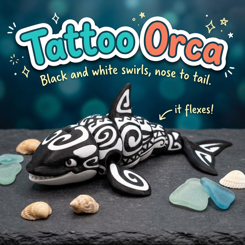 Tattoo Orca 3D printed articulated flexi toy by Cosmic 3D Creations, on slate with shells and sea glass