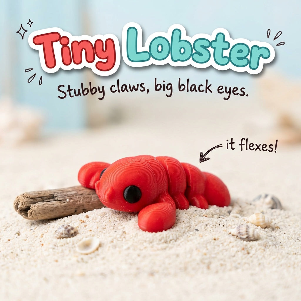 Tiny Lobster 3D printed articulated flexi toy by Cosmic 3D Creations, on sand with driftwood and shells