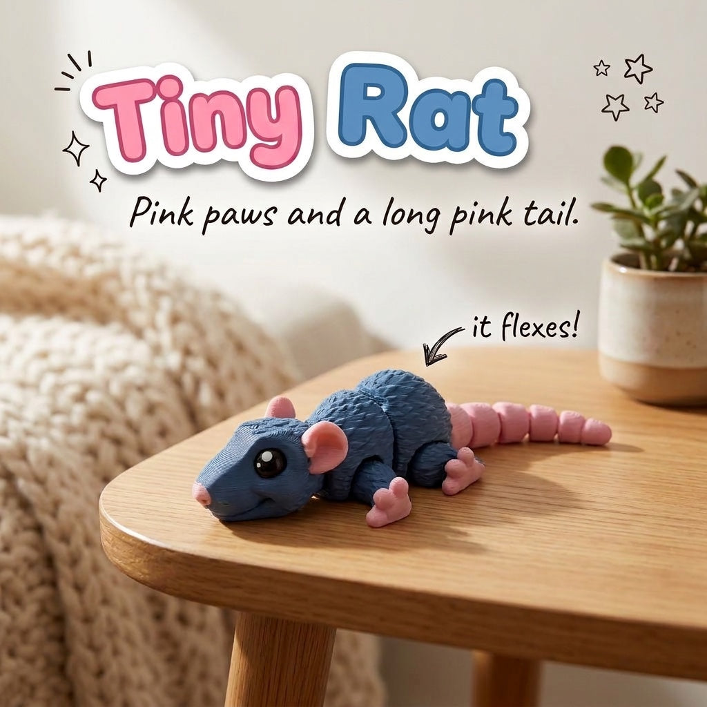 Tiny Rat 3D printed articulated flexi toy by Cosmic 3D Creations, on a cozy side table with a knit blanket