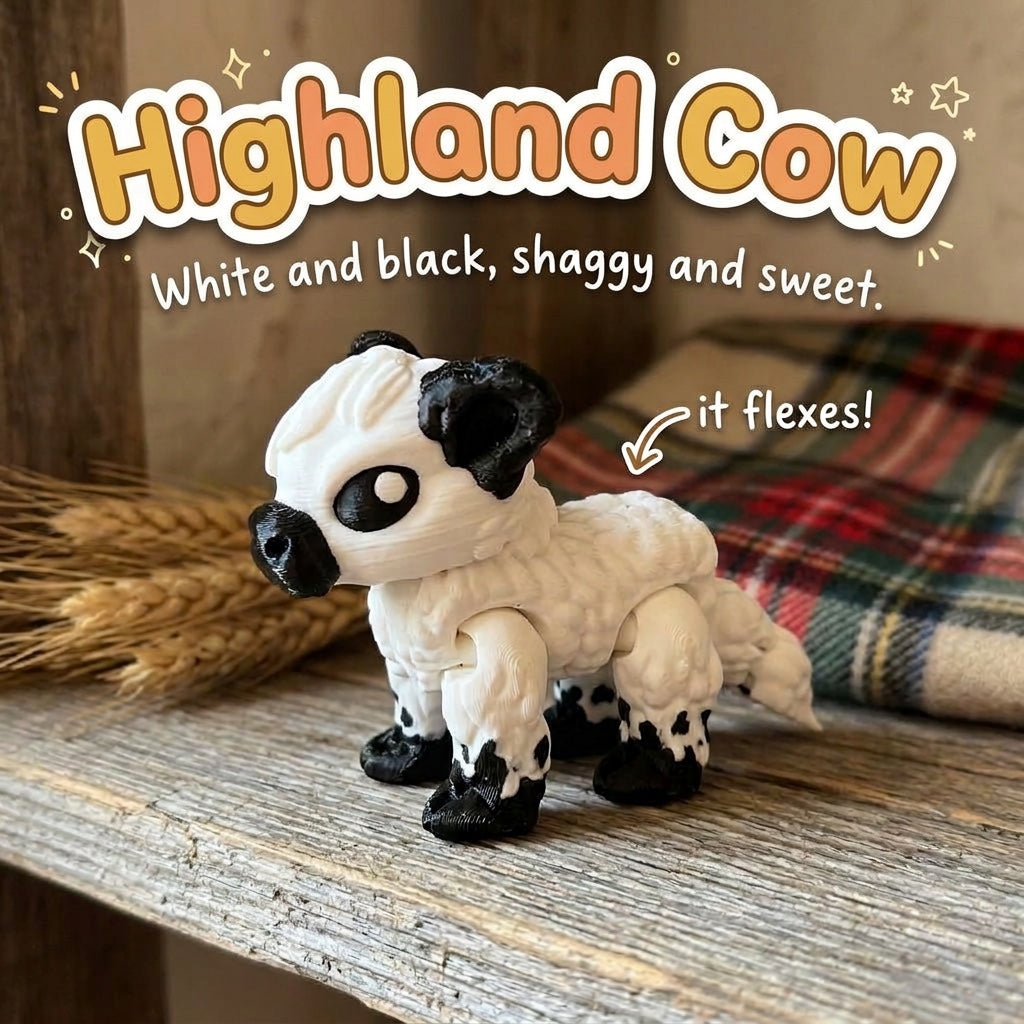 White and Black Highland Cow 3D printed articulated flexi toy by Cosmic 3D Creations, on a farmhouse shelf with wheat
