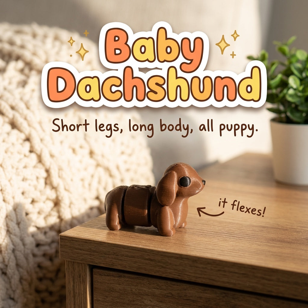 Baby Dachshund 3D printed articulated flexi toy, on a cozy side table with a knit blanket