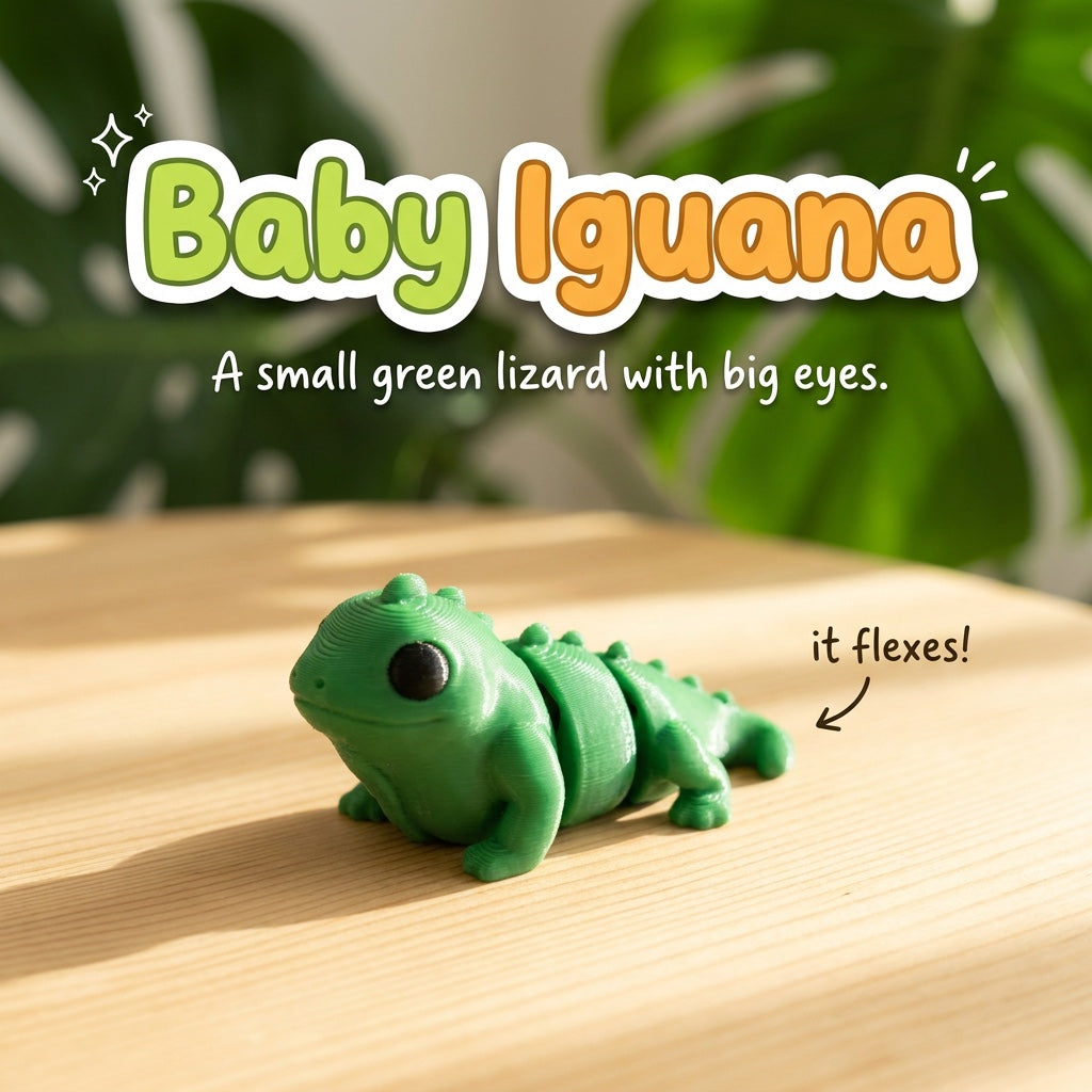 Baby Iguana 3D printed articulated flexi toy, on a sunlit table with tropical leaves