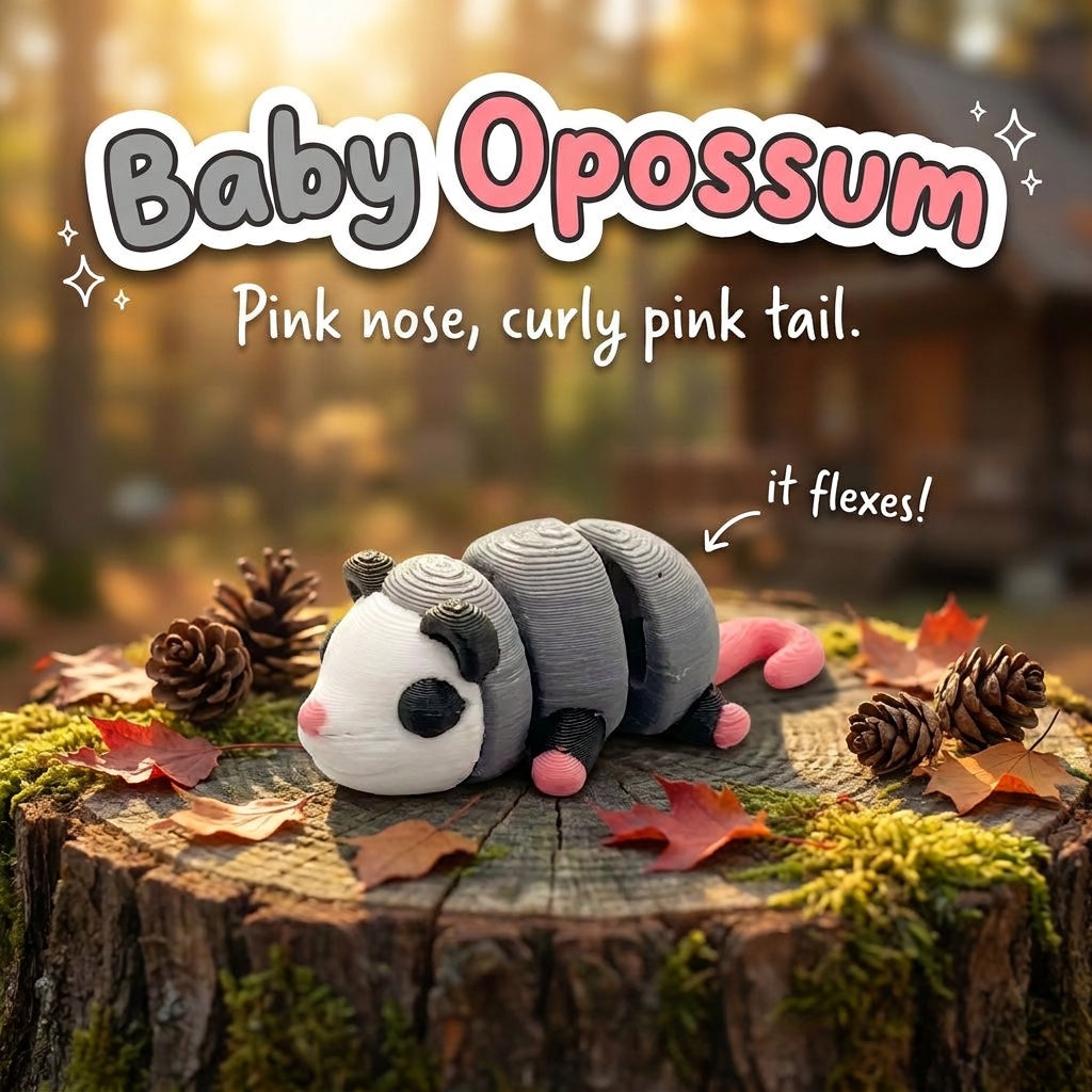Baby Opossum 3D printed articulated flexi toy, on a tree stump with moss and pine cones