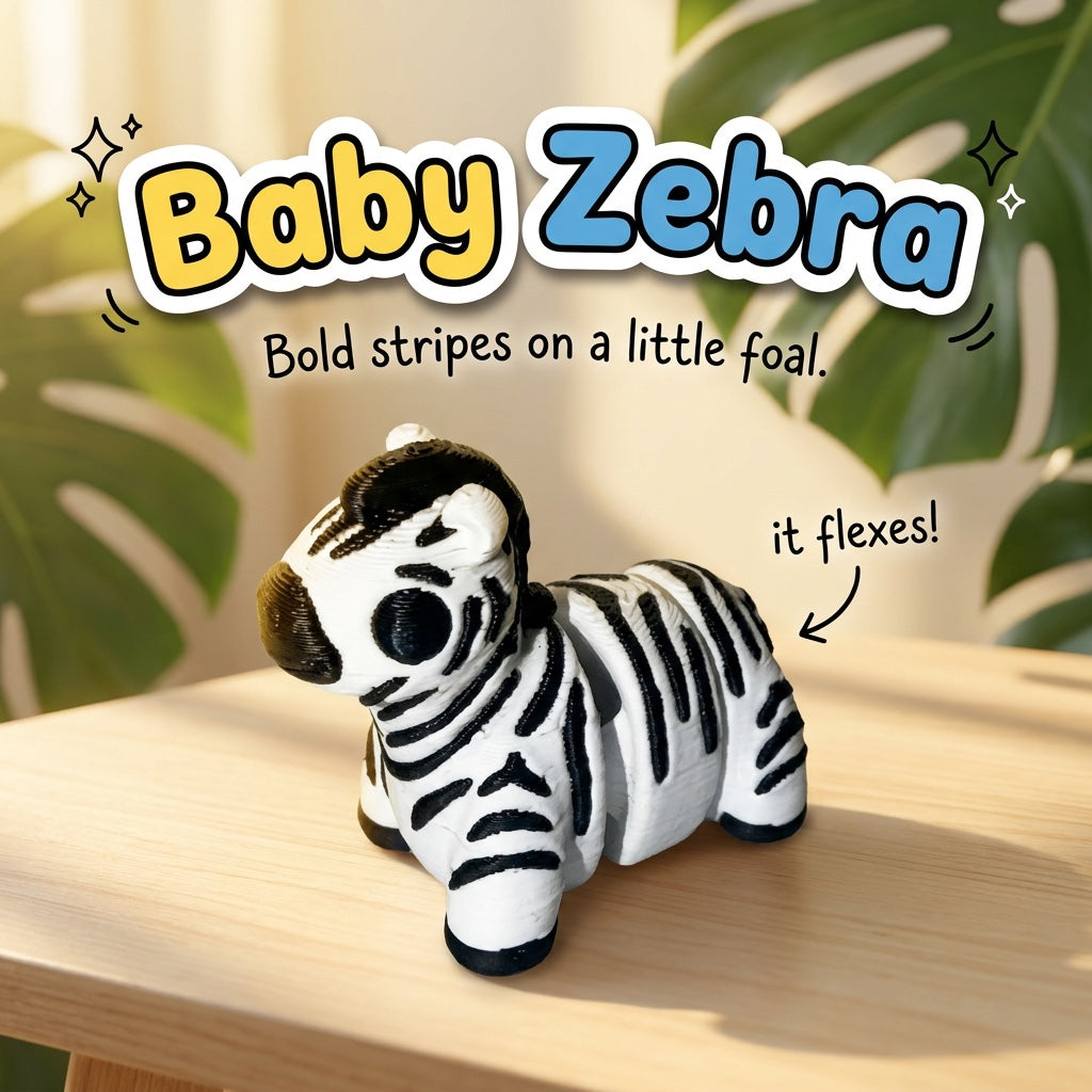 Baby Zebra 3D printed articulated flexi toy, on a sunlit table with tropical leaves