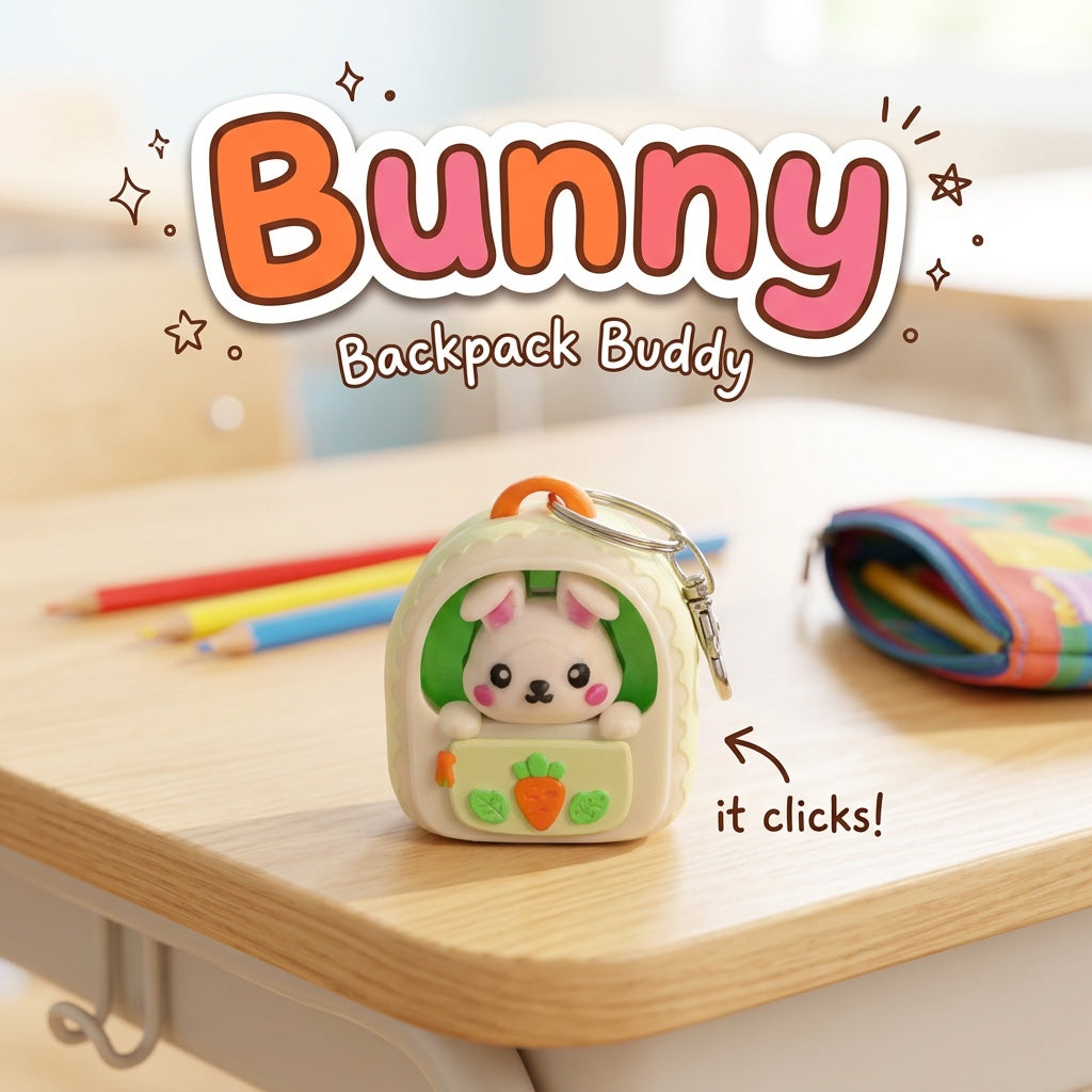 Bunny Backpack Buddy 3D printed clicker fidget keychain on a school desk