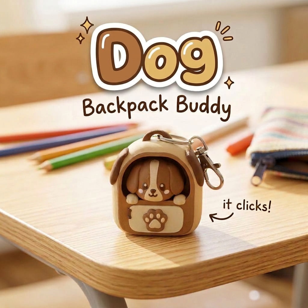 Dog Backpack Buddy 3D printed clicker fidget keychain on a school desk