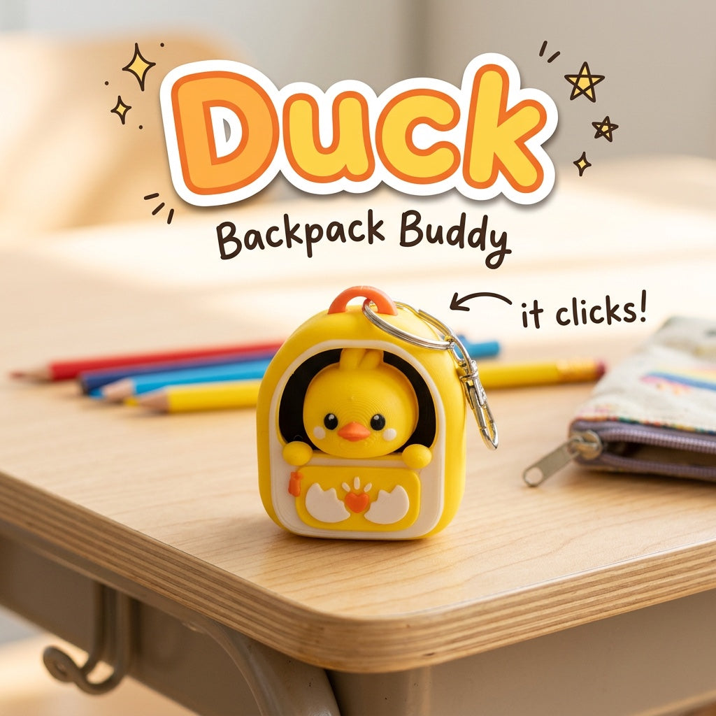 Duck Backpack Buddy 3D printed clicker fidget keychain on a school desk