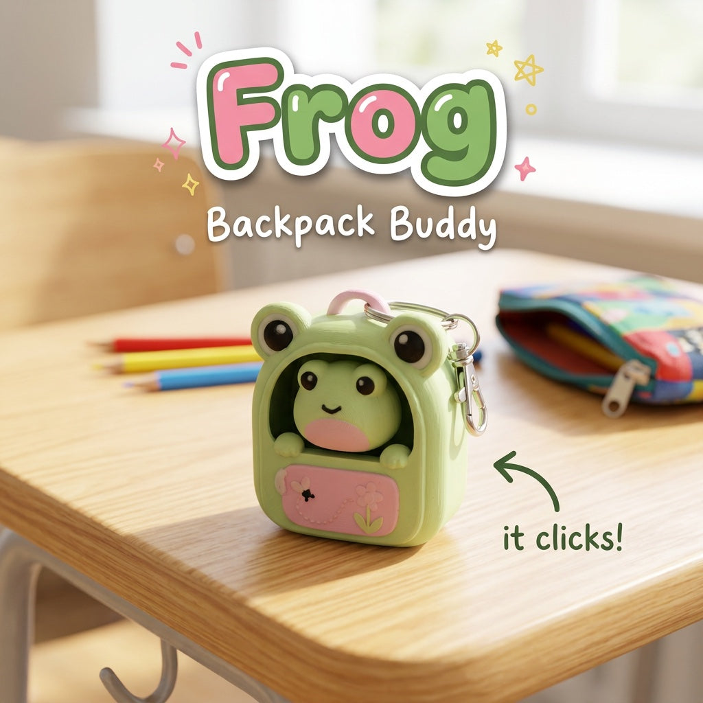 Frog Backpack Buddy 3D printed clicker fidget keychain on a school desk