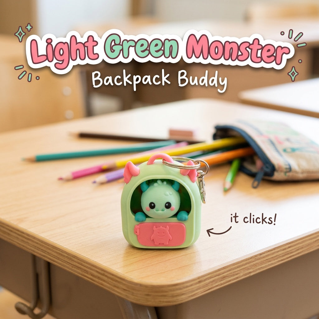 Light Green Monster Backpack Buddy 3D printed clicker fidget keychain on a school desk