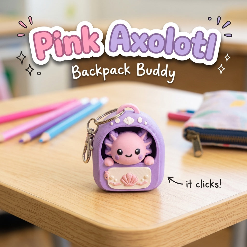 Pink Axolotl Backpack Buddy 3D printed clicker fidget keychain on a school desk