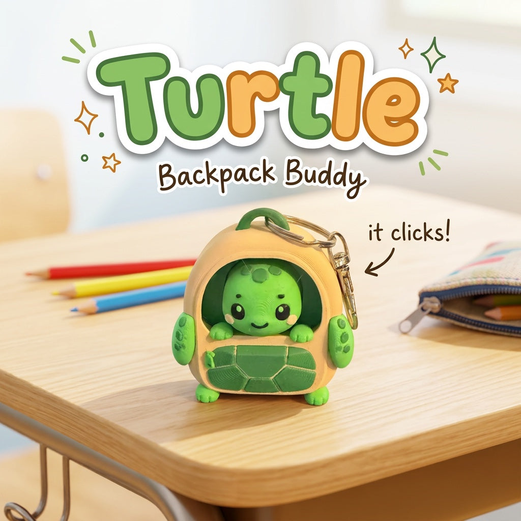 Turtle Backpack Buddy 3D printed clicker fidget keychain on a school desk