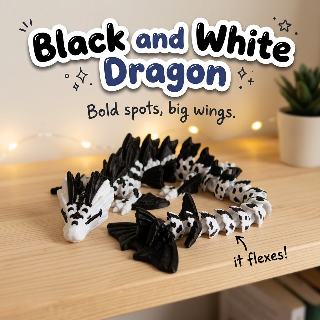 Black and White Dragon 3D printed articulated flexi toy by Cosmic 3D Creations, on a cozy shelf with fairy lights