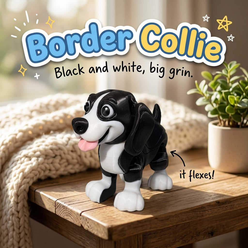 Border Collie 3D printed articulated flexi toy by Cosmic 3D Creations, on a cozy side table with a knit blanket