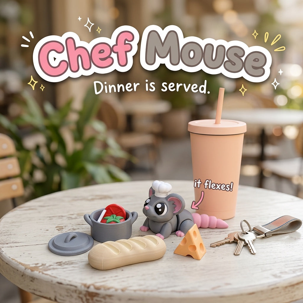 Chef Mouse 3D printed articulated flexi toy by Cosmic 3D Creations, on a cafe table with a tumbler
