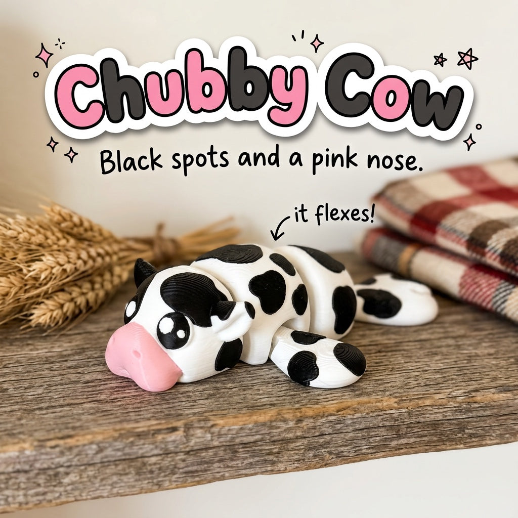 Chubby Cow 3D printed articulated flexi toy by Cosmic 3D Creations, on a farmhouse shelf with wheat