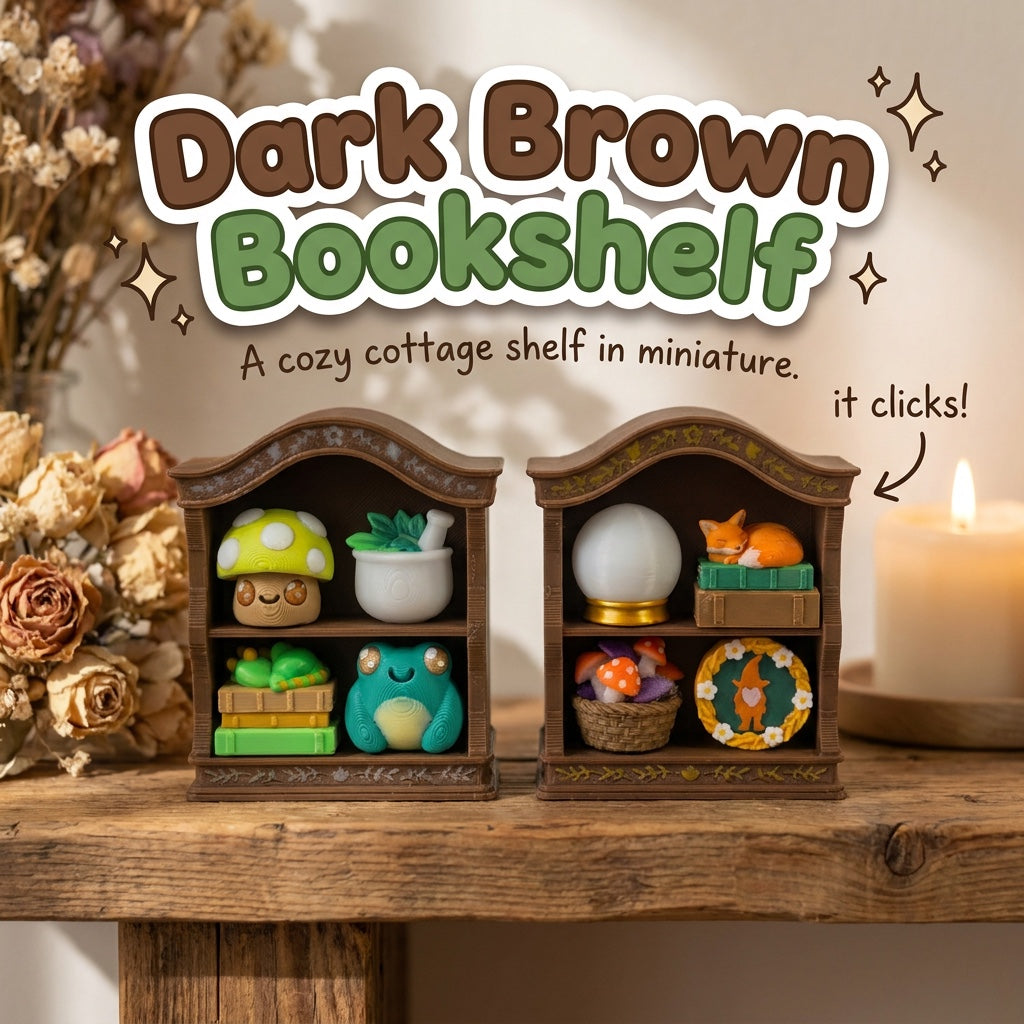 Dark Brown Bookshelf 3D printed clicker fidget toy in Dragon and Fox styles, on a mantel