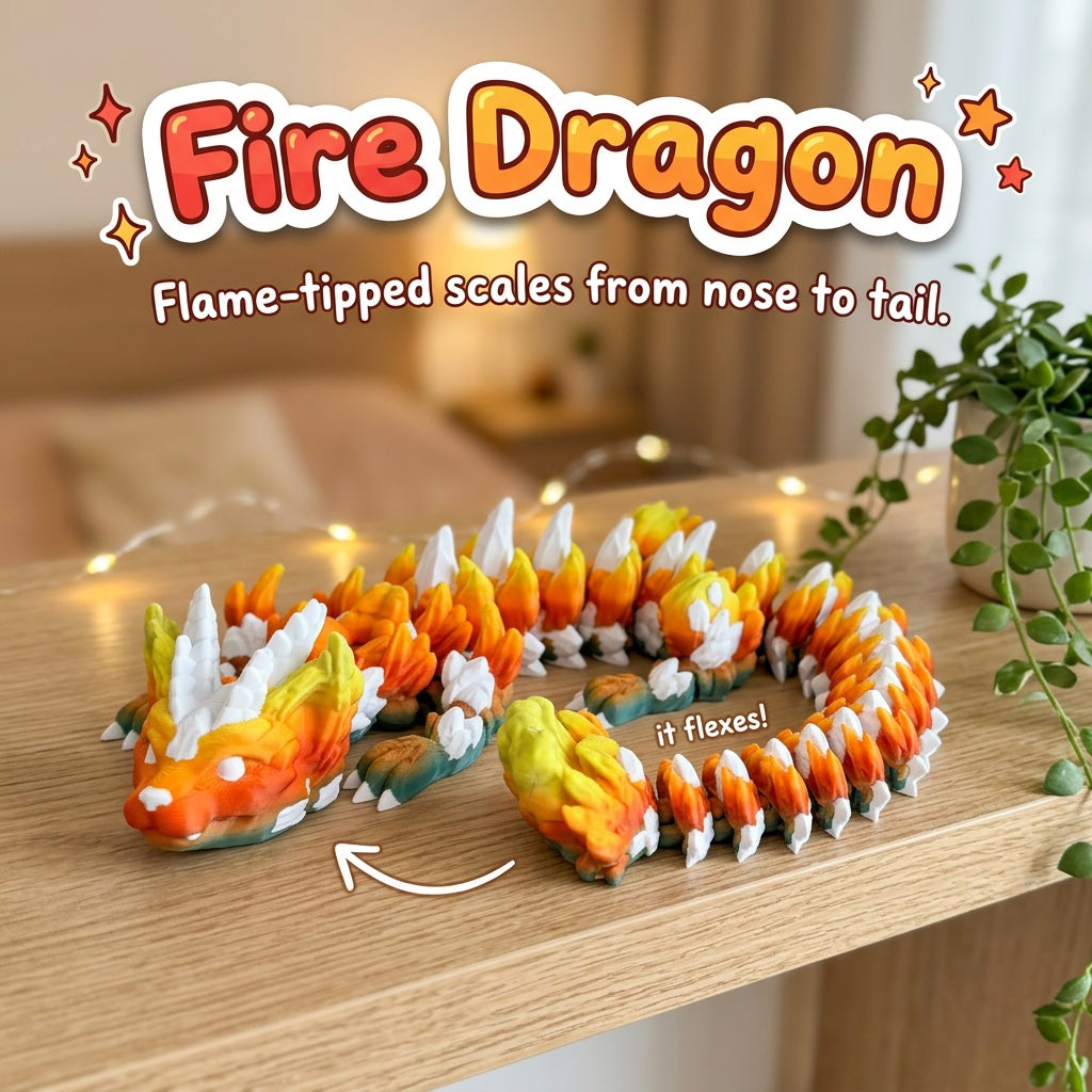 Fire Dragon 3D printed articulated flexi toy by Cosmic 3D Creations, on a cozy shelf with fairy lights