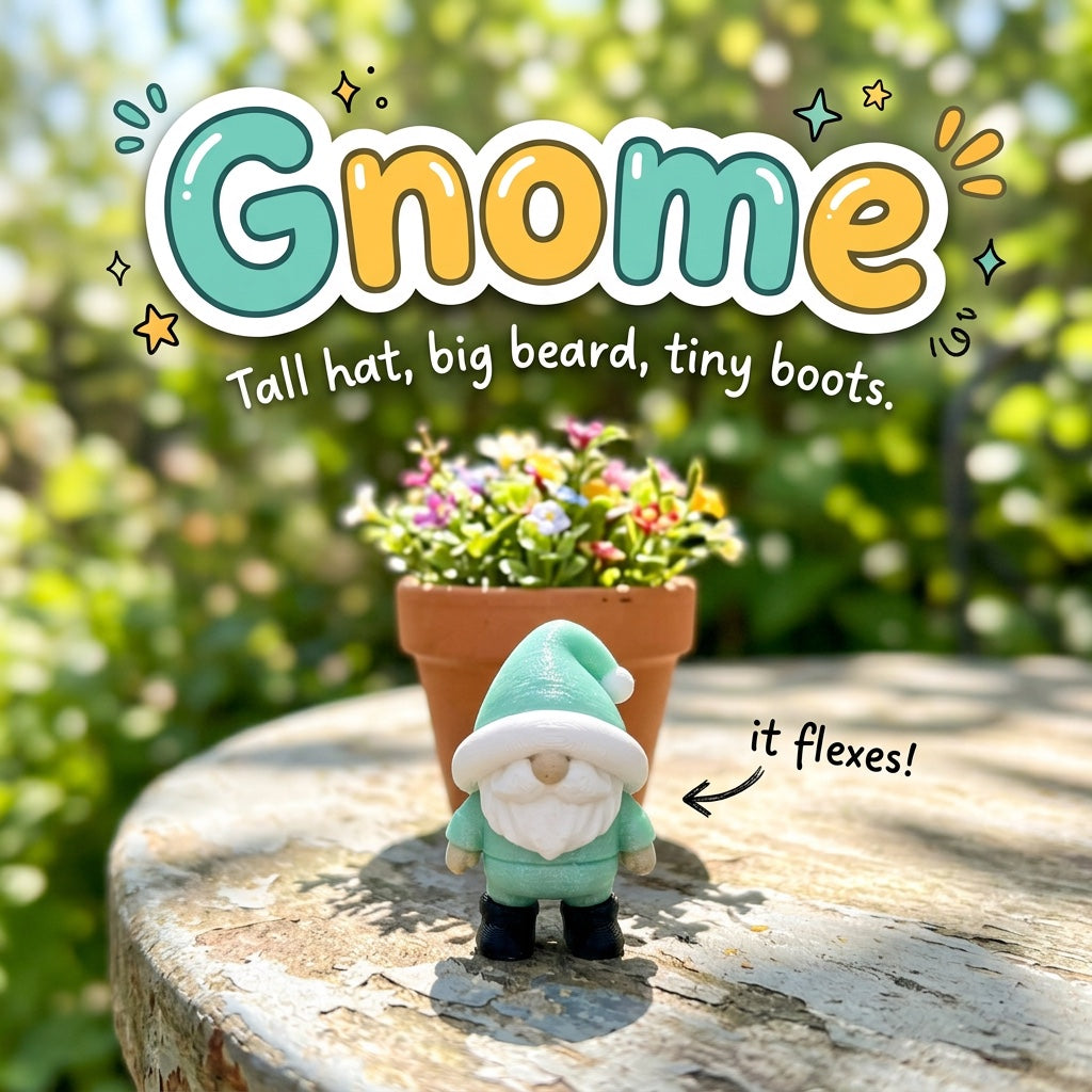 Gnome 3D printed articulated flexi toy by Cosmic 3D Creations, on a sunny garden table with flowers