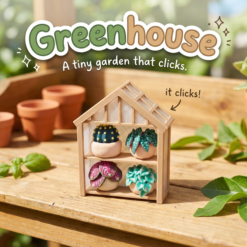 Greenhouse 3D printed clicker fidget toy with four tiny potted plants, on a sunny potting bench