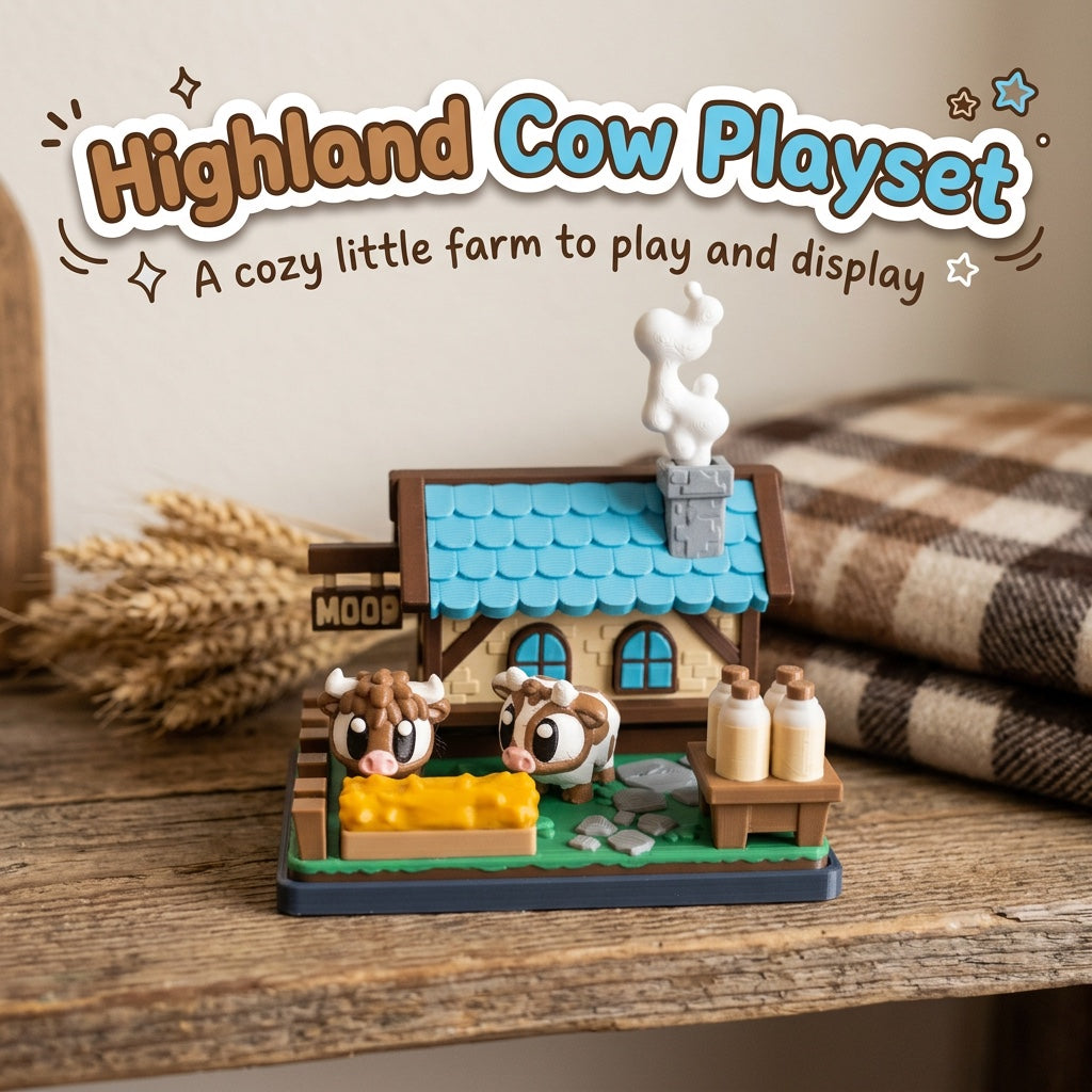 Highland Cow Playset 3D printed farmhouse with two cows and milk bottles, on a farmhouse shelf