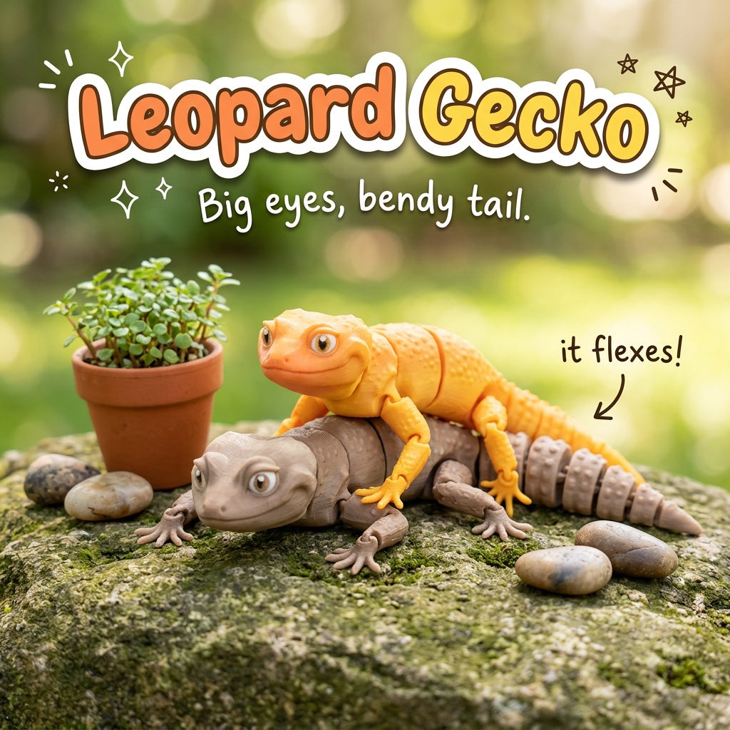 Leopard Gecko 3D printed articulated flexi toy by Cosmic 3D Creations, on a mossy stone with plants