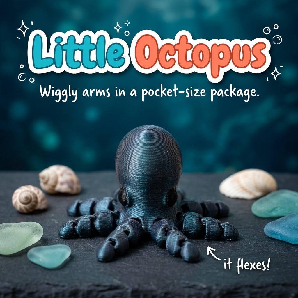 Little Octopus 3D printed articulated flexi toy by Cosmic 3D Creations, on slate with shells and sea glass