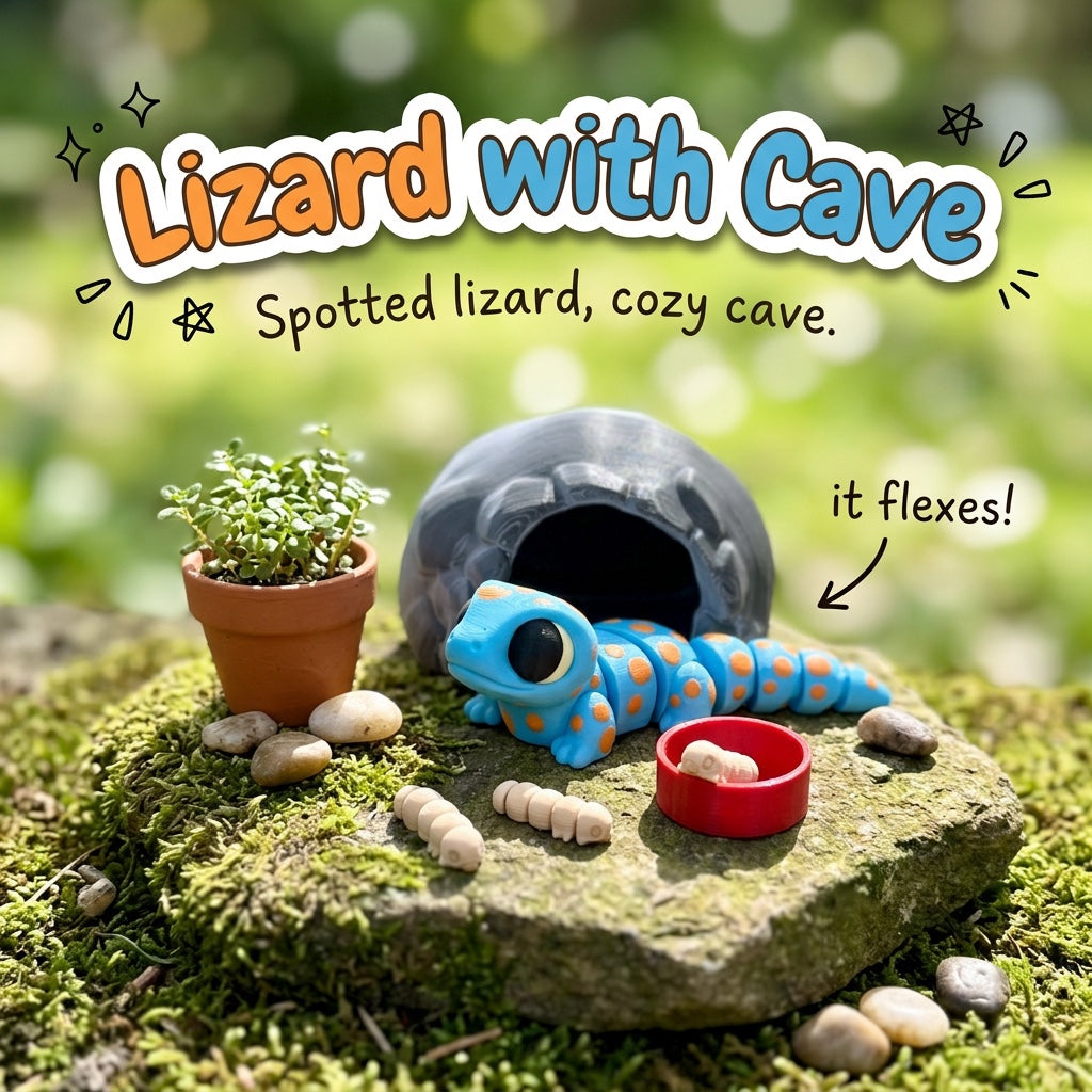 Lizard with Cave 3D printed articulated flexi toy by Cosmic 3D Creations, on a mossy stone with plants