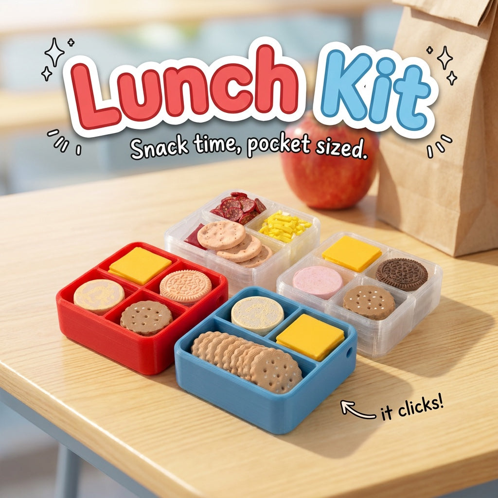 Lunch Kit 3D printed clicker fidget toy, mini lunch trays with cheese, crackers and pizza