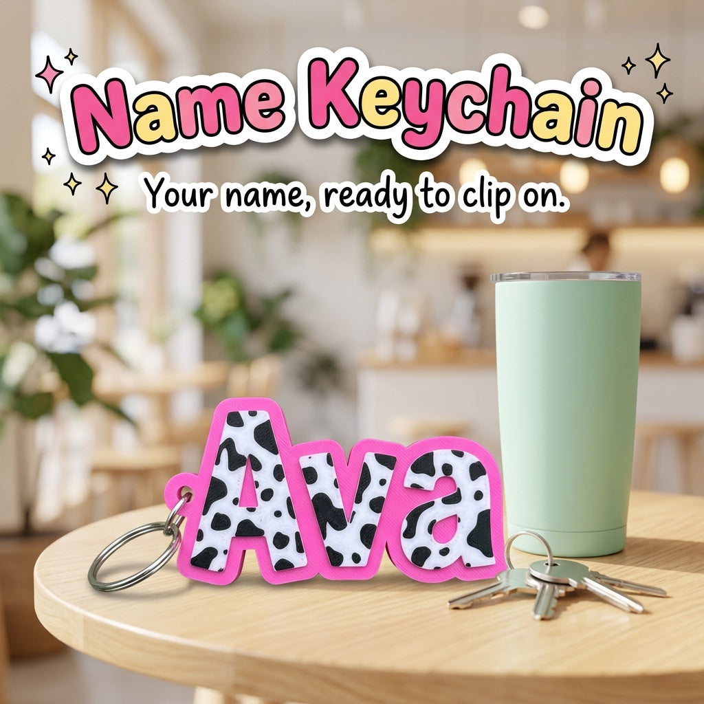 Name Keychain 3D printed personalized keychain with the sample name Ava in cow print by Cosmic 3D Creations, on a cafe table