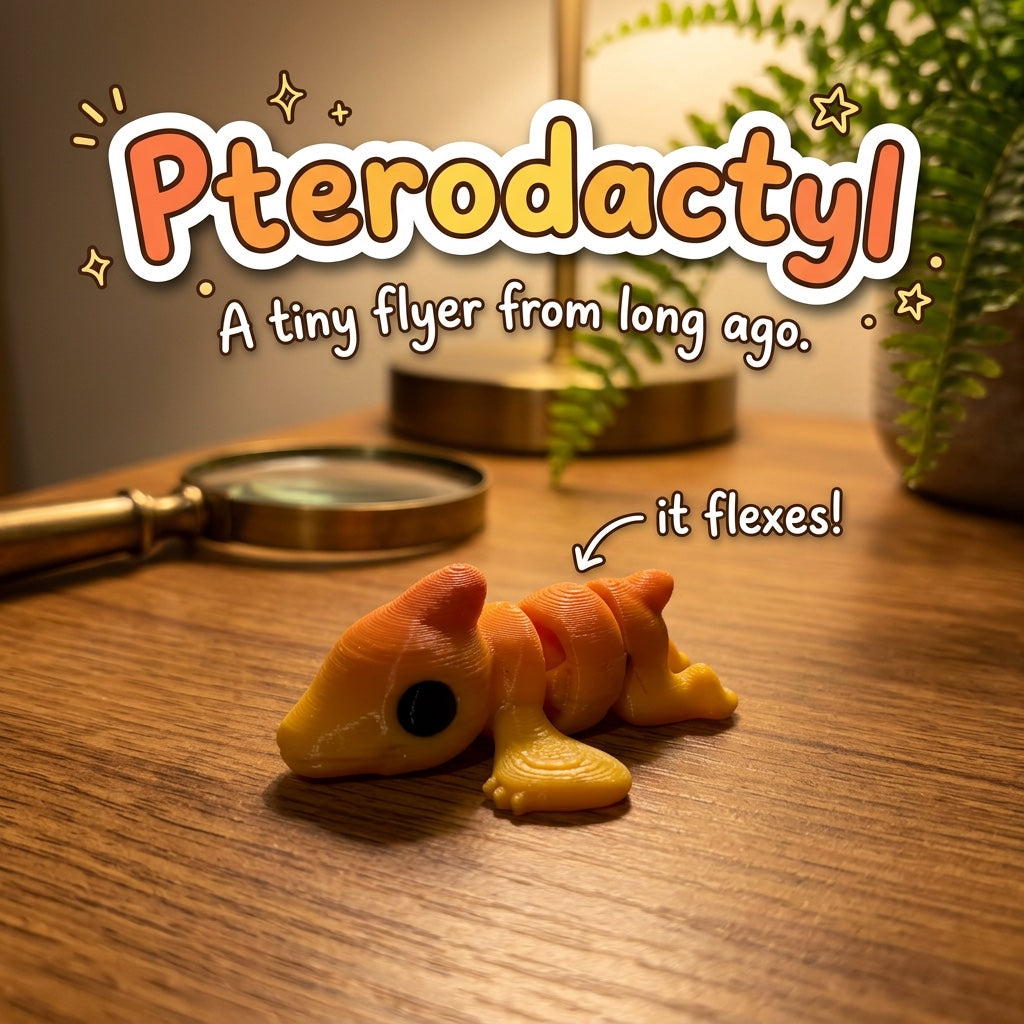 Pterodactyl 3D printed articulated flexi toy by Cosmic 3D Creations, on a wooden desk with a fern