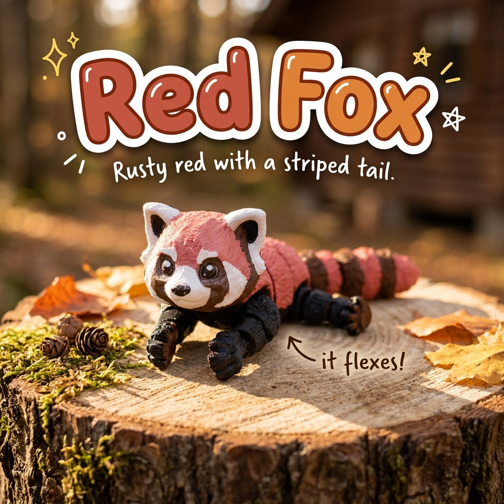 Red Fox 3D printed articulated flexi toy by Cosmic 3D Creations, on a tree stump with moss and pine cones