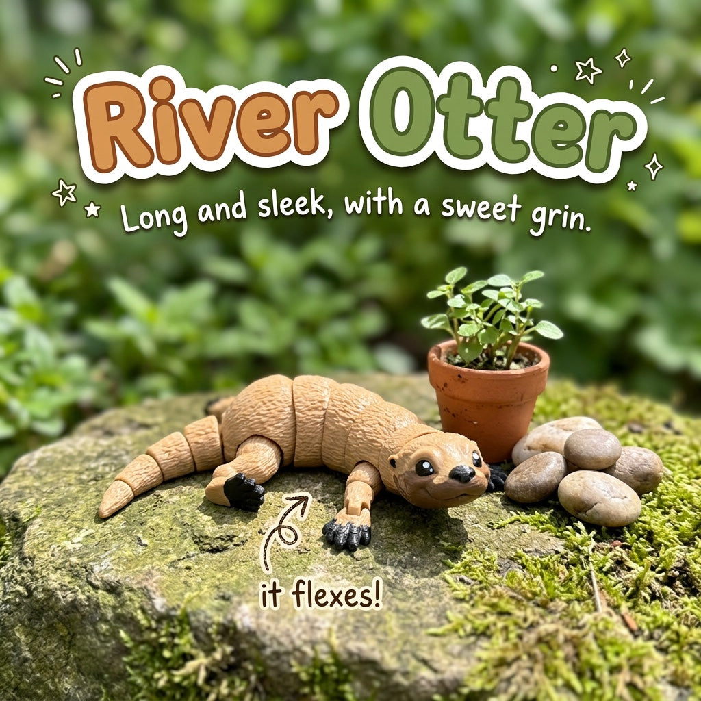 River Otter 3D printed articulated flexi toy by Cosmic 3D Creations, on a mossy stone with plants
