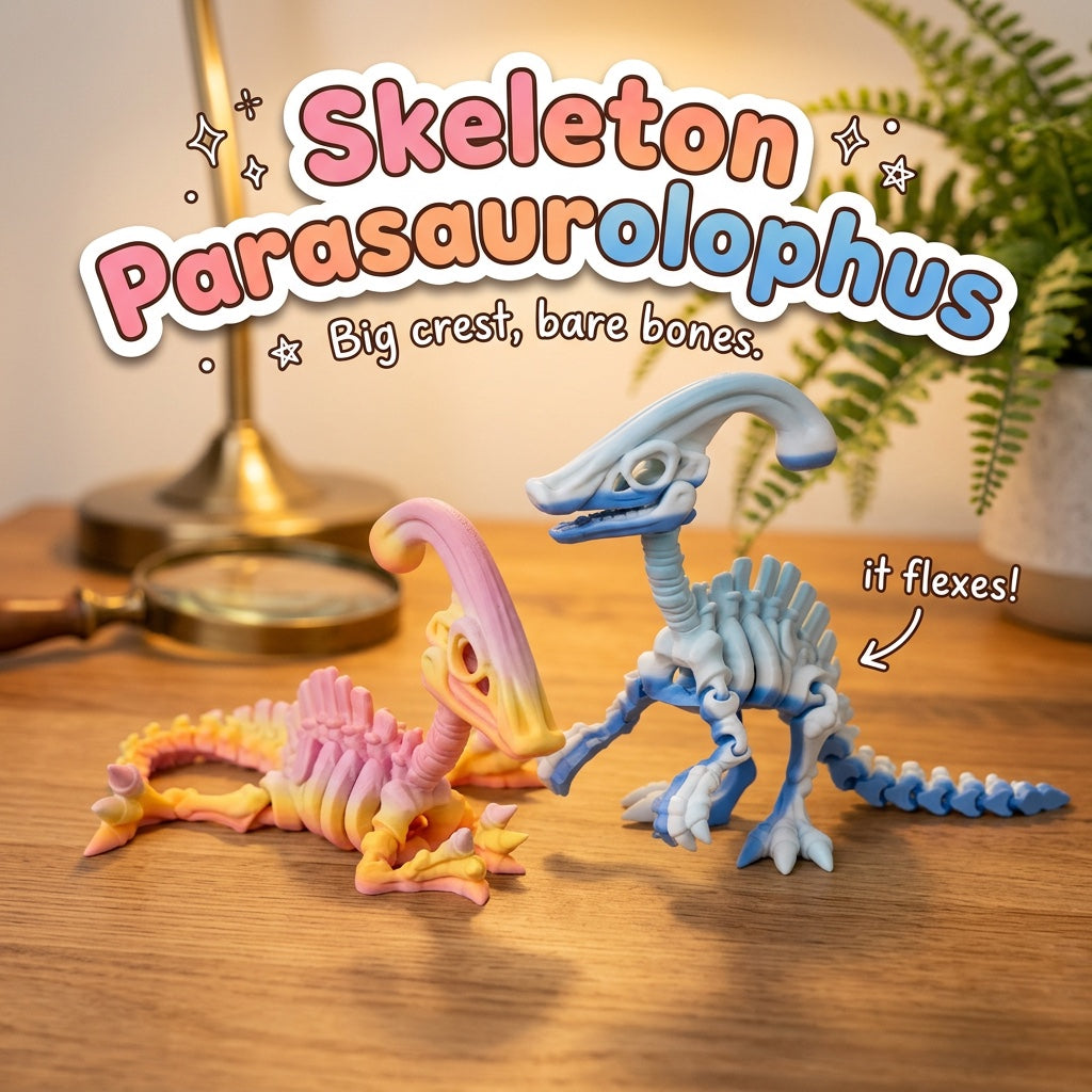 Skeleton Parasaurolophus 3D printed articulated flexi toy by Cosmic 3D Creations, on a wooden desk with a fern