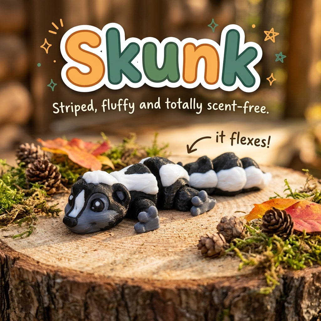 Skunk 3D printed articulated flexi toy by Cosmic 3D Creations, on a tree stump with moss and pine cones