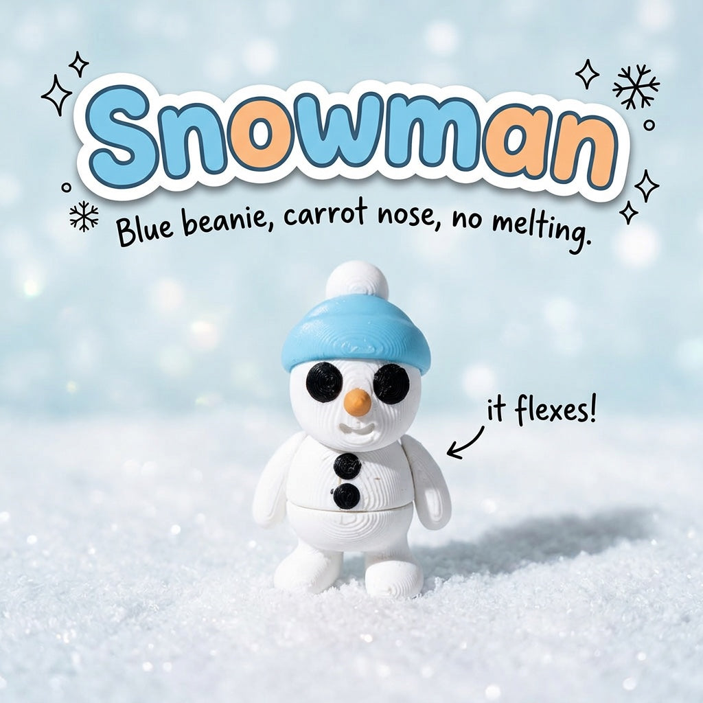 Snowman 3D printed articulated flexi toy by Cosmic 3D Creations, on a frosty white surface