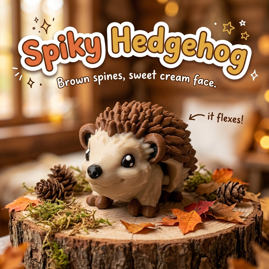 Spiky Hedgehog 3D printed articulated flexi toy by Cosmic 3D Creations, on a tree stump with moss and pine cones