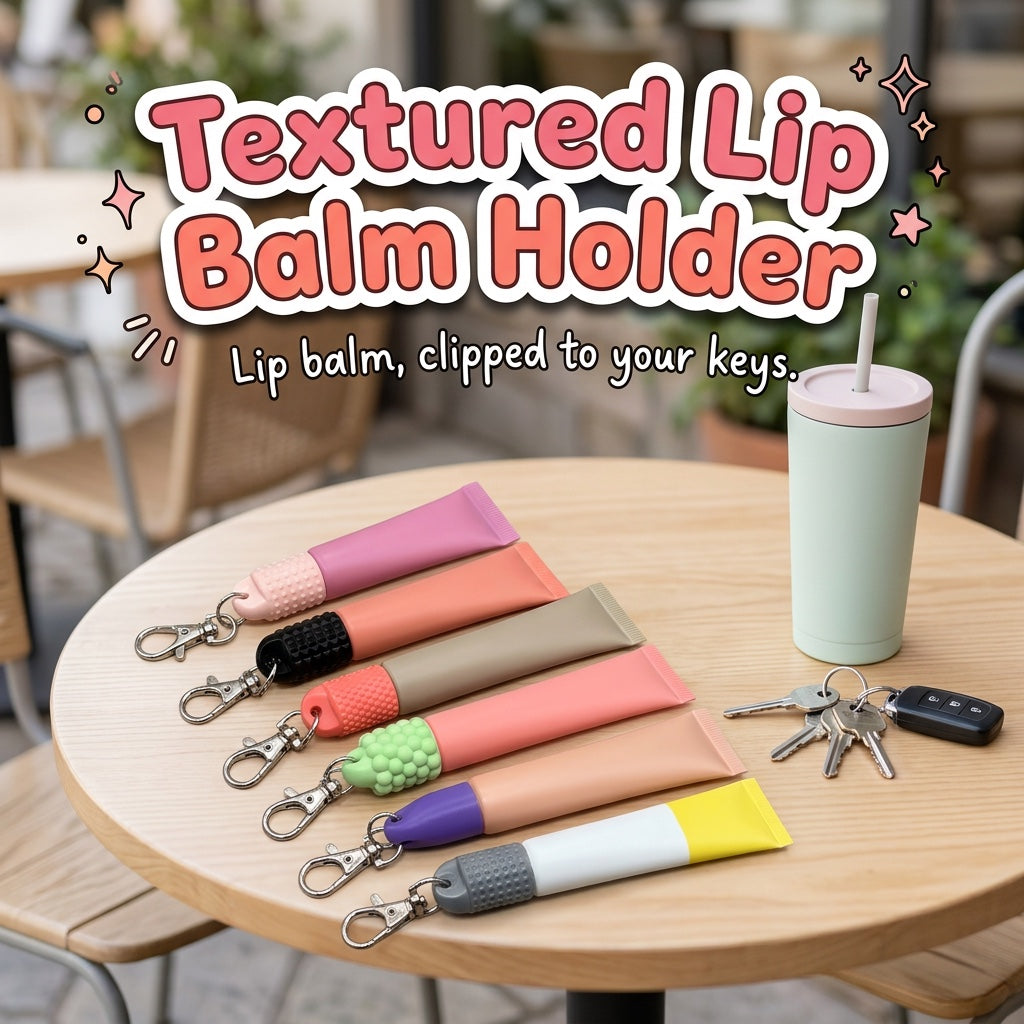 Textured Lip Balm Holder 3D printed keychain caps with clasps by Cosmic 3D Creations, on a cafe table with keys and a tumbler